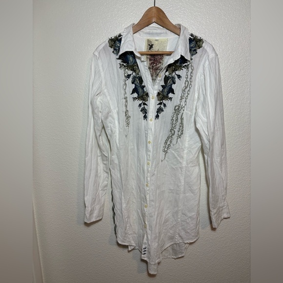 Johnny Was 3 J Workshop White Embroidered Button Down Long Blouse Size Large - Picture 1 of 8